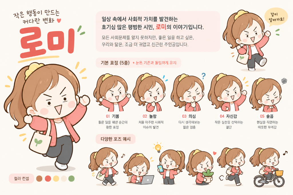 로미 캐릭터 시트 — 기쁨·놀람·의심·자신감·슬픔 5가지 표정과 걷기·작업·자전거 등 다양한 포즈 가이드